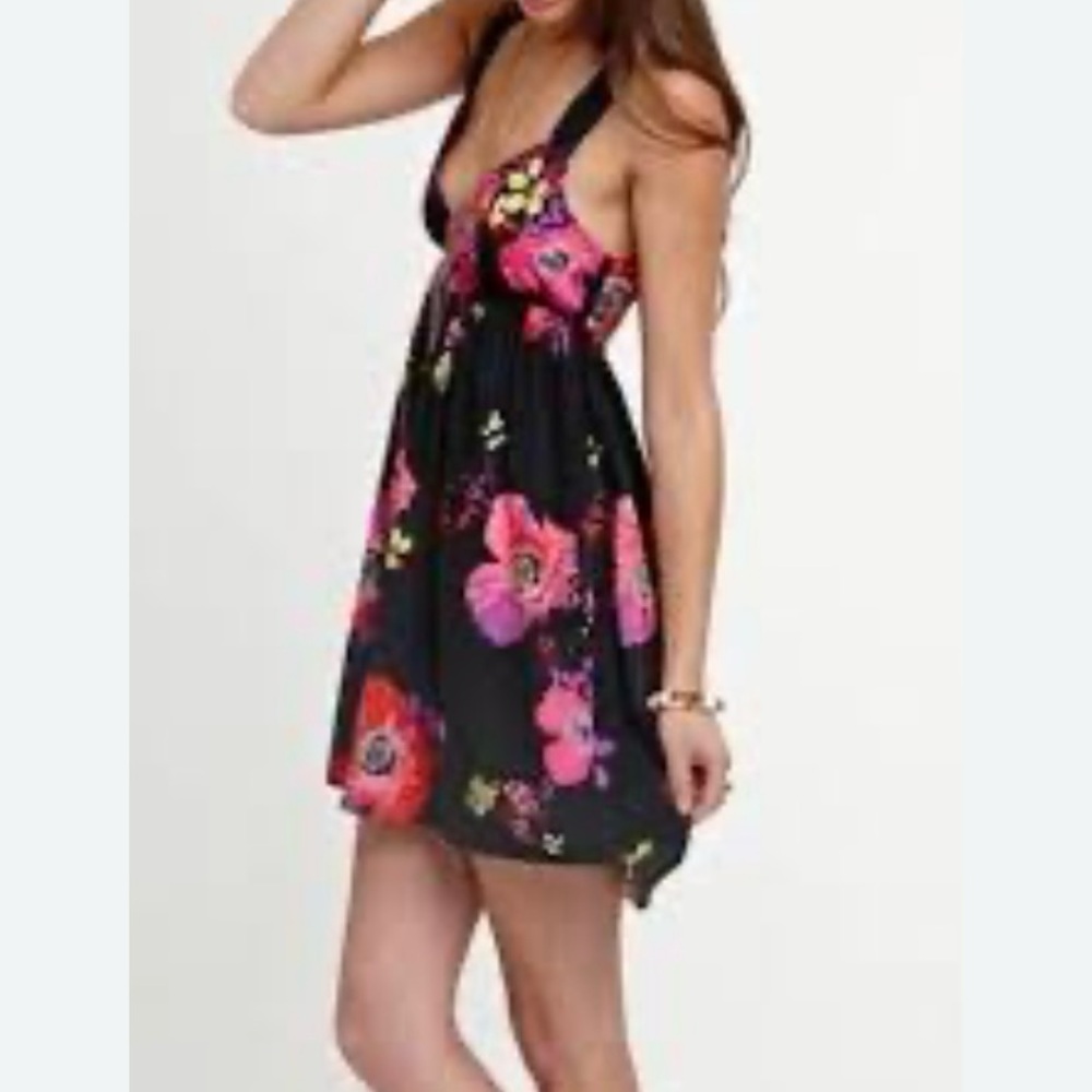 Roxy High Low Empire Waist V Neck Pink Floral Mini Dress Burgundy S
